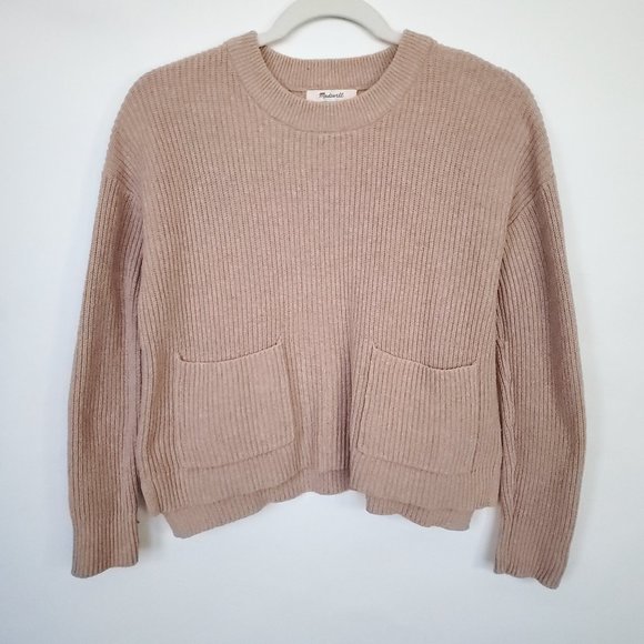 Madewell Knit Sweater Women's XS Blush Pink Boxy Cropped Ribbed Pullover Pockets - Picture 8 of 14